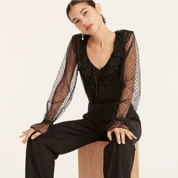 J. Crew Ruffleneck Top in Clip Dot Black - Picture 1 of 9